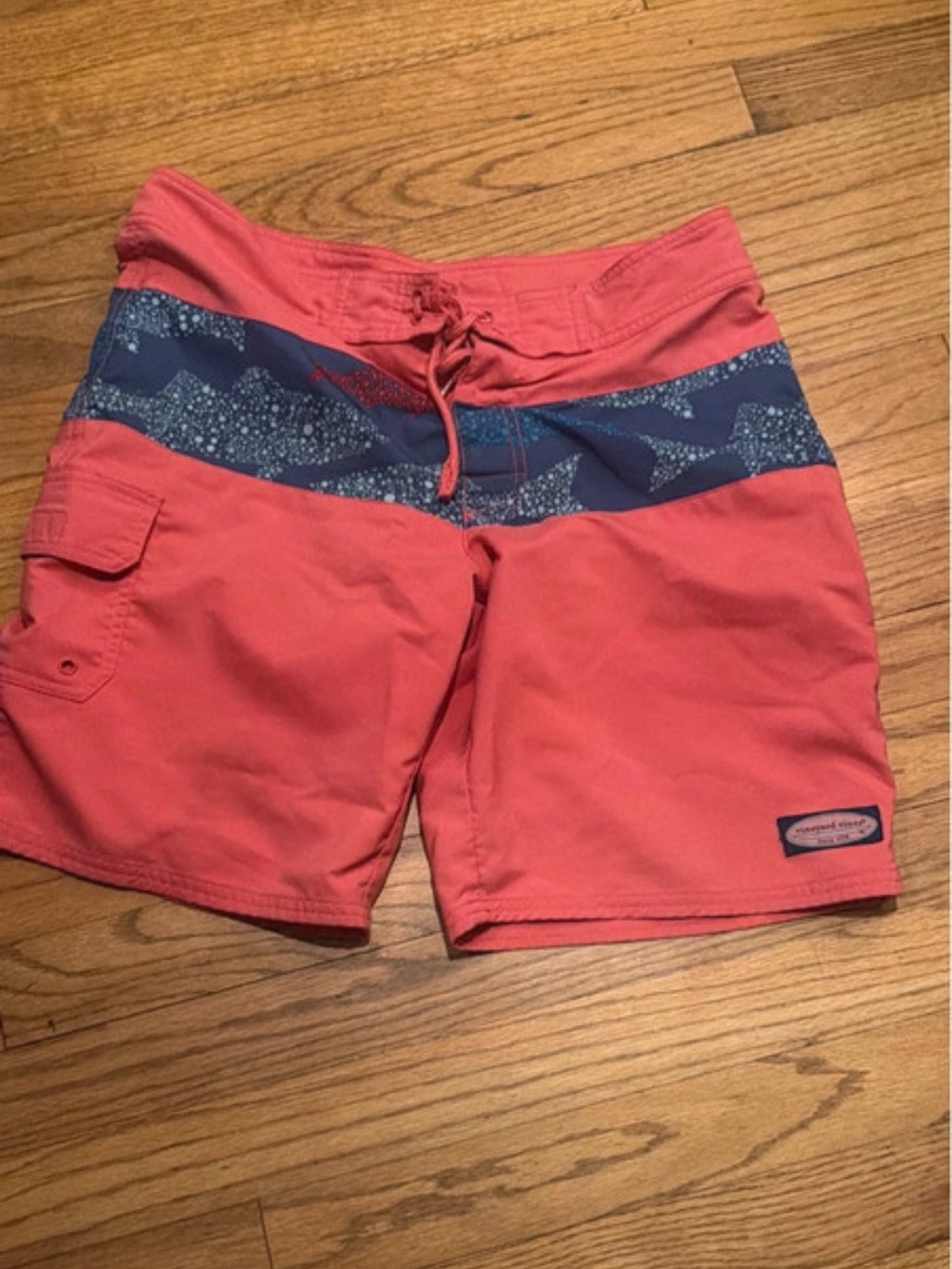 Vineyard Vines Coral Board Shorts with Navy Patterned Waistband